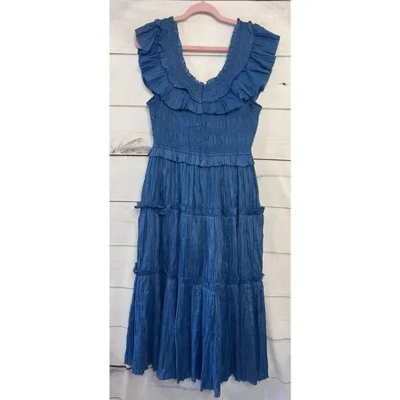 SEA New York Size LG Blue Maxi Dress Tiered Textured EUC - Picture 2 of 5